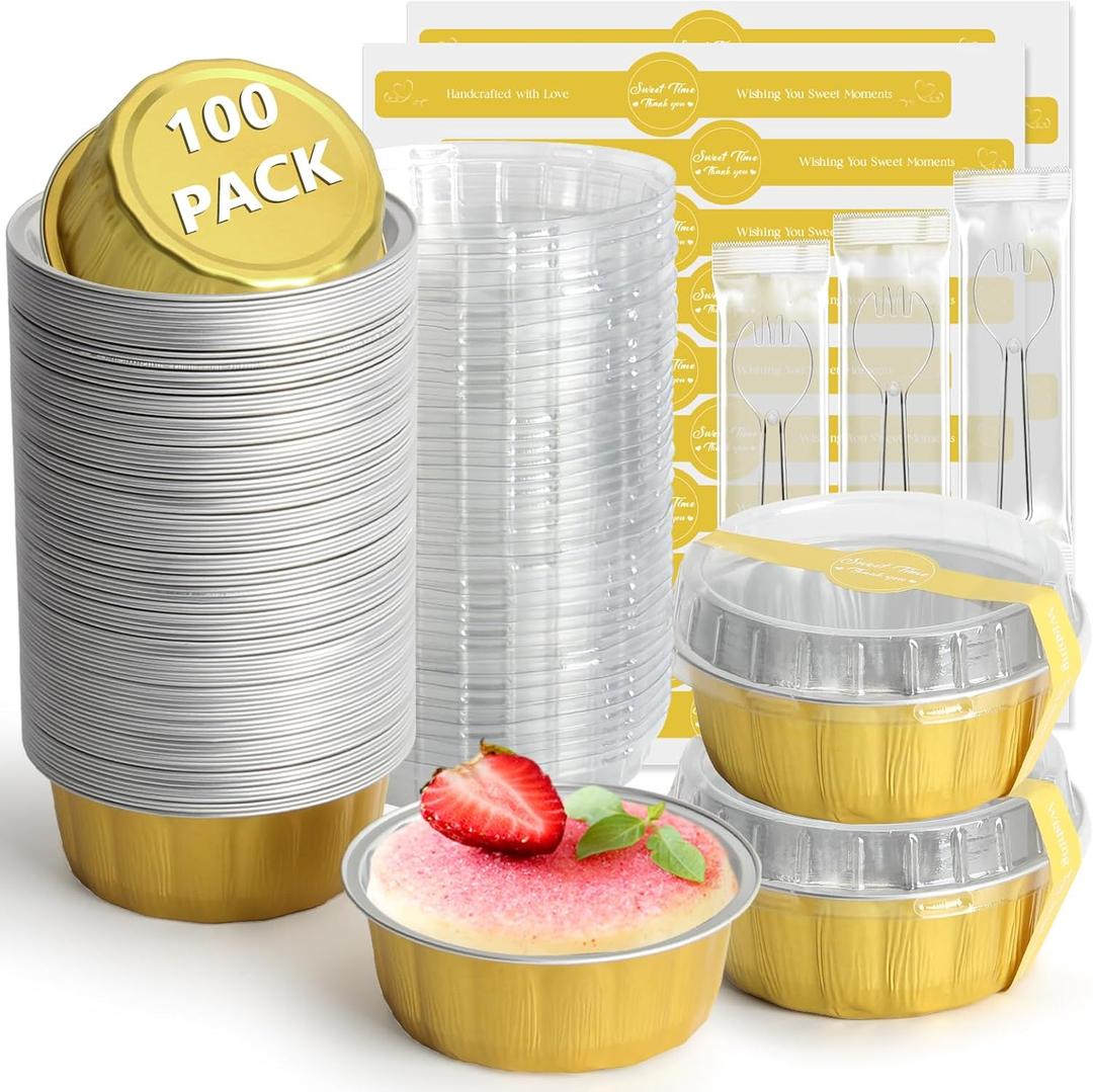 Ruckae 100 PCS 8 oz Round Mini Baking Cups with Lids,Mini Loaf Pans with Lids,Disposable Aluminum Foil Ramekins Baking Cups for Birthday Party Weddings (Gold, 8oz)