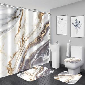 Nkzply 4 Pcs White Marble Shower Curtain Set Grey Bathroom Sets with Shower Curtain and Rugs Gold Modern Abstract Bathroom Decor Accessories Gray Bathroom Rugs Toilet Lid Cover with Hooks