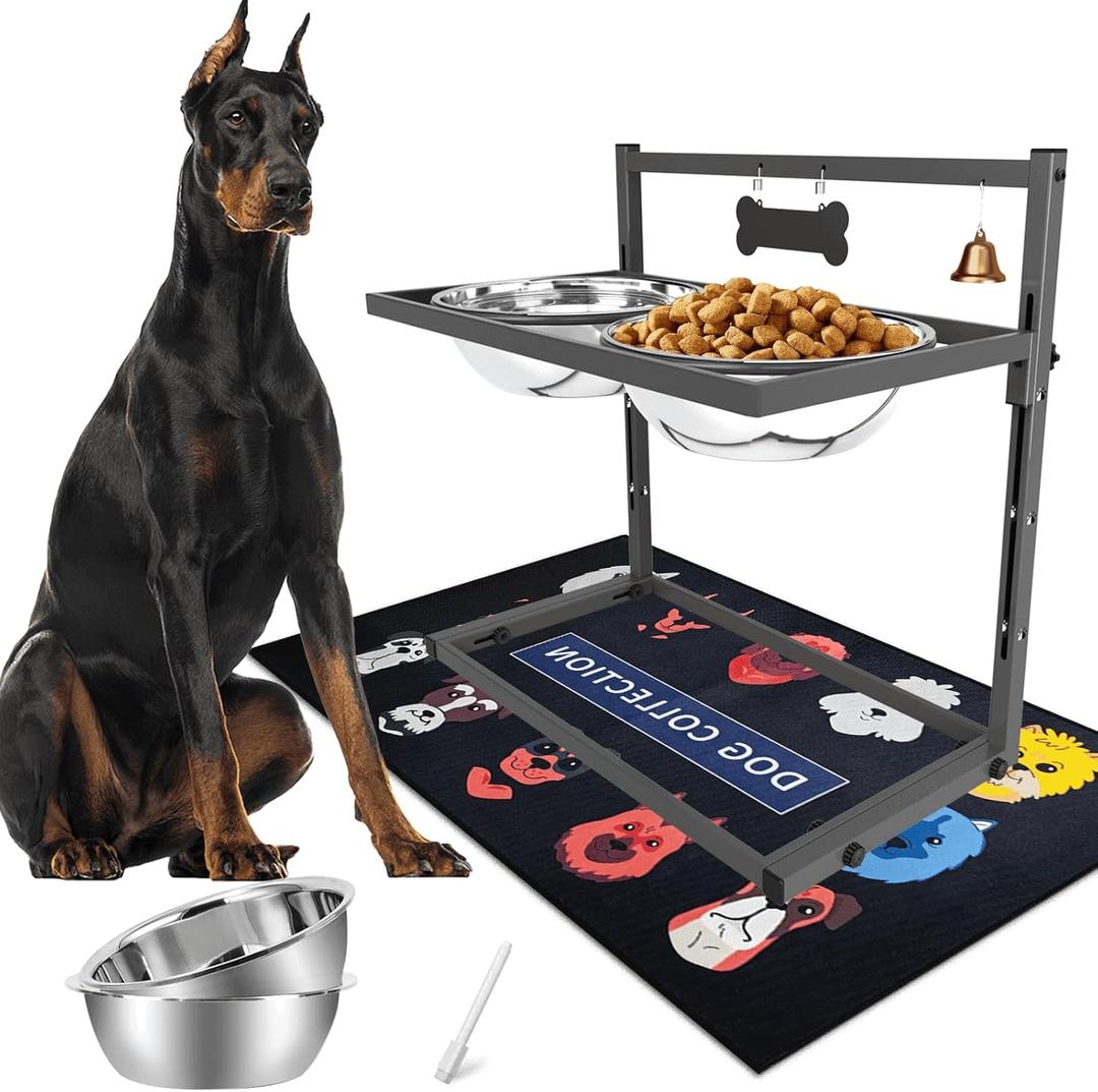 SHAINFUN Elevated Dog Bowls for Large Dogs and Extra Large Sized Dog Raised Dog Bowl Stand Adjustable Height with Two 3000ML(13-14cups) Stainless Steel Dog Food Bowls Metal Elevated Dog Bowl Stand (Grey - 106oz Bowl & Mat)