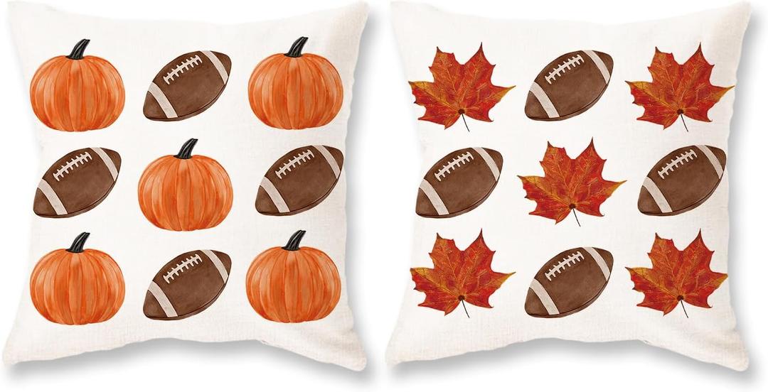TAJWE Fall Pillow Covers 18x18 Inch Set of 2 Pumpkins Maple Leaves Football Autumn Pillowcases Farmhouse Decorative Seasonal Thanksgiving Cushion Cases for Sofa Couch Home Decor