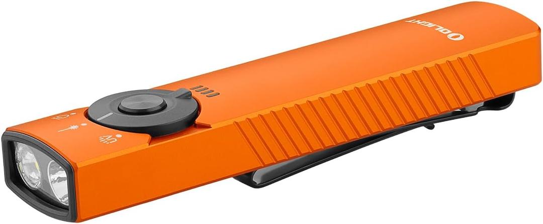 OLIGHT Arkfeld Pro Rechargeable EDC Flat Flashlight with Green Beam, UV and White LED Combo, 1300 Lumens Portable Pocket Lights, Triple Sources for Outdoors Emergency Working (Orange CW)
