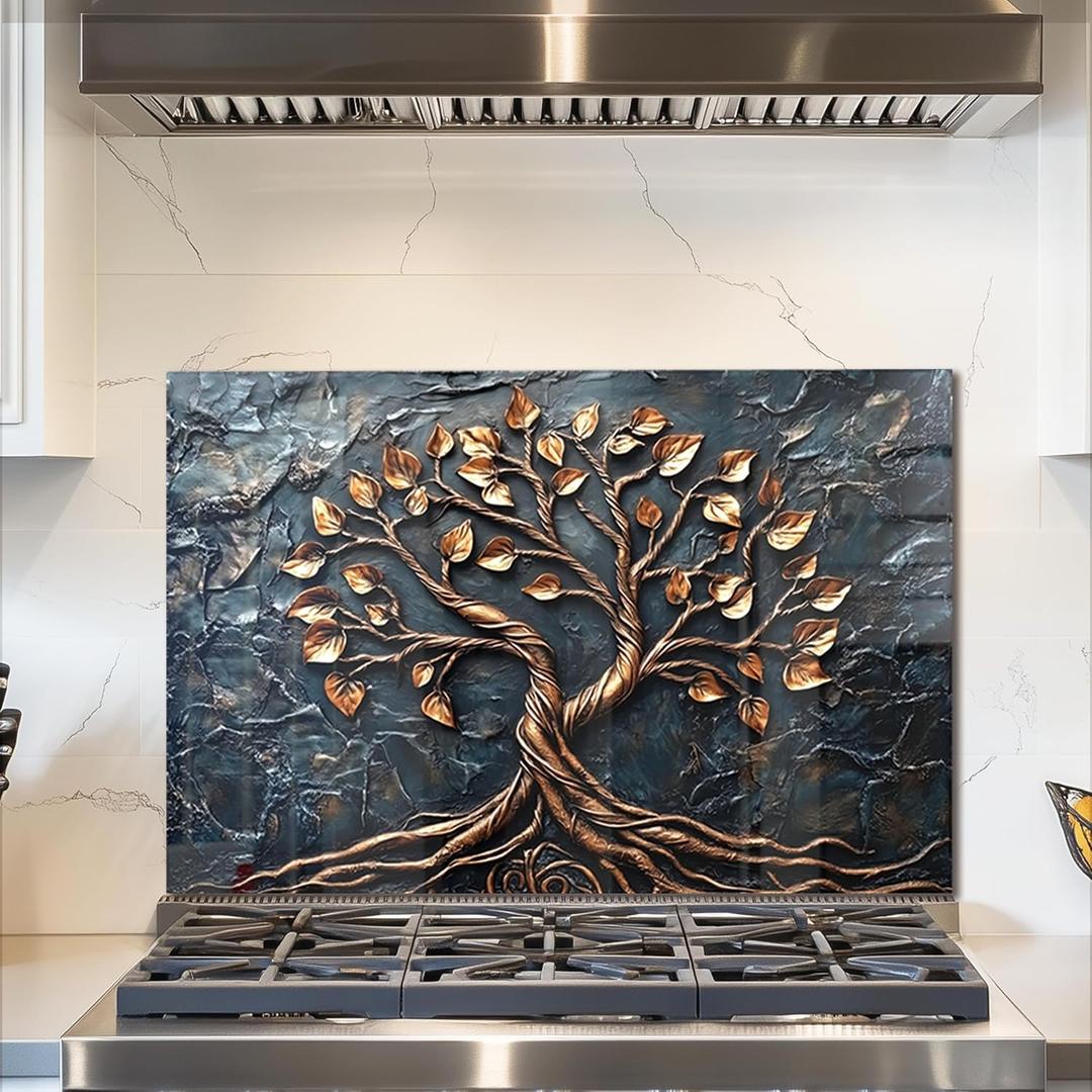 fzxwyishu Tree of Life,Tempered Glass Backsplash For Kitchen Behind Stove,Easy to Clean Kitchen Sink Cover Splash Guard, Home Kitchen Dcor (grey, 30"x20"(76.2x50.8cm))
