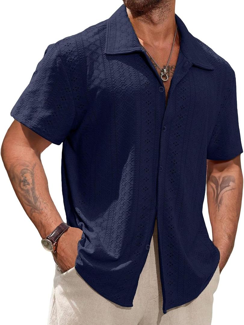 Vssjavun Men's Short Sleeve Button Down Shirt Lightweight Textured Shirt (Blue, XS)