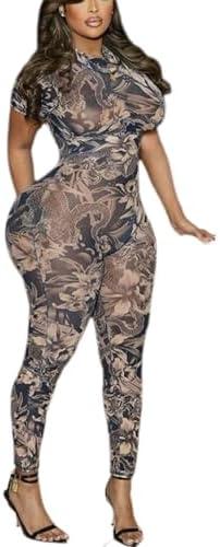 Ksotutm Sexy Jumpsuits for Women Mesh Print Short Sleeve Bodycon Jumpsuit, M