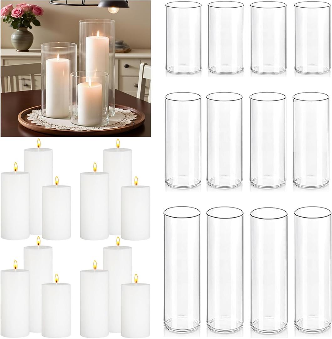 24 Pcs White Pillar Candles with Glass Candle Holder Hurricane Glass Candle Holders Clear Cylinder Vases for Centerpieces Wedding Office Party Home Table Decor (12 set)