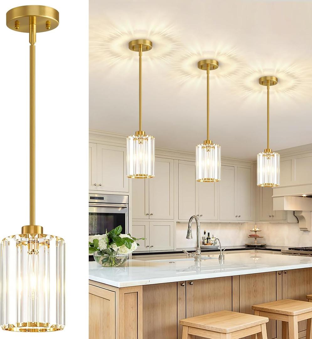 3 Pack Brushed Gold Pendant Lights Kitchen Island, Modern Crystal Chandelier Kitchen Pendant Lighting Over Island, Adjustable Hanging Mini Light Fixtures for Dining Room Hallway Corridor Bedroom