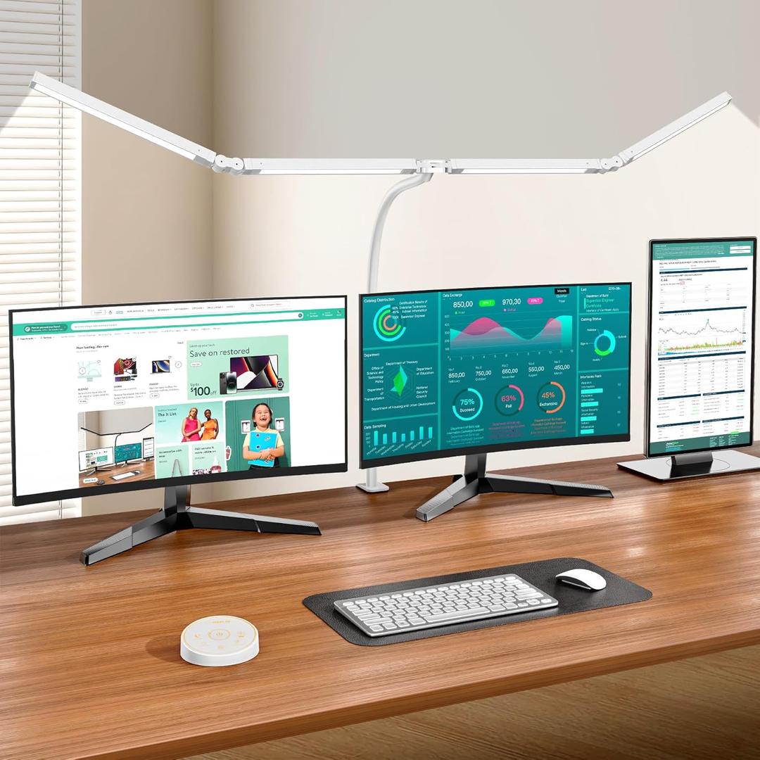Pzloz Led Desk Lamp with Clamp: Architect Desk Lamp for Home Office, Eye Caring Double Head Computer Monitor Work Desk Light with Remote Control - 24W Flexible Dimmable Desktop Table Lamp White