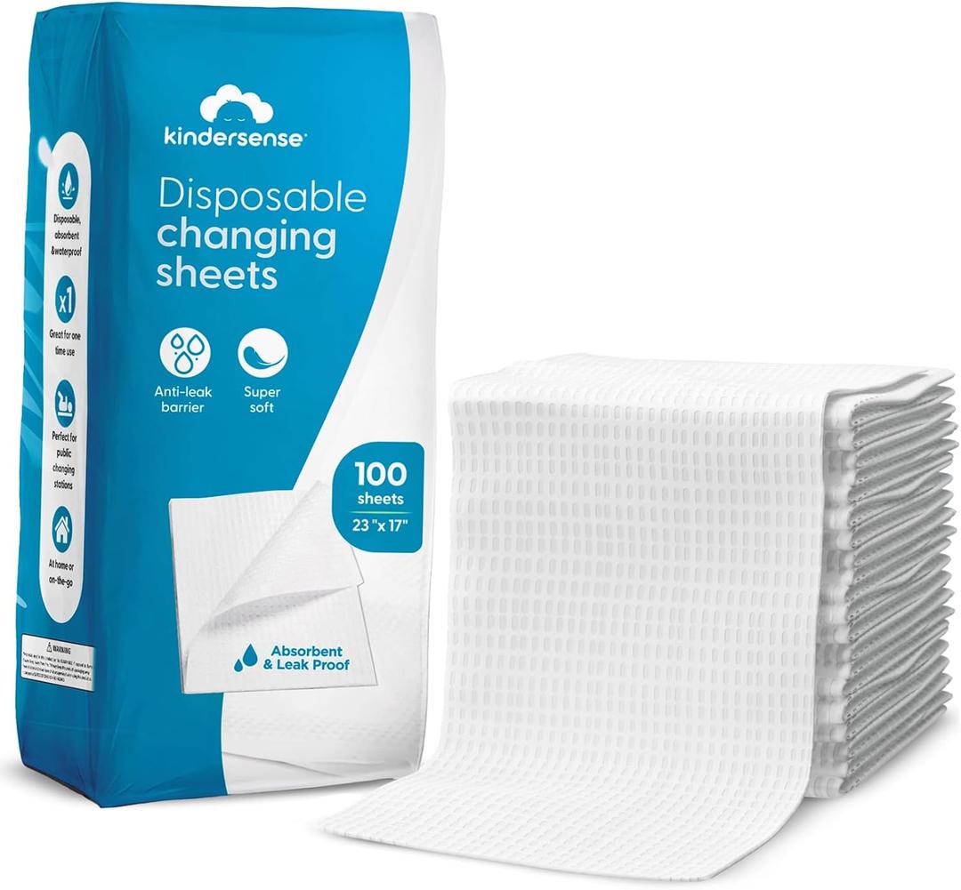 KinderSense Disposable Changing Pads for Baby Diaper (100 Sheets) | Portable Changing Pad Liners (23" x 17.5") | Paper Top Layer - Waterproof Bottom Layer | Leak Proof Infant Changing Mat