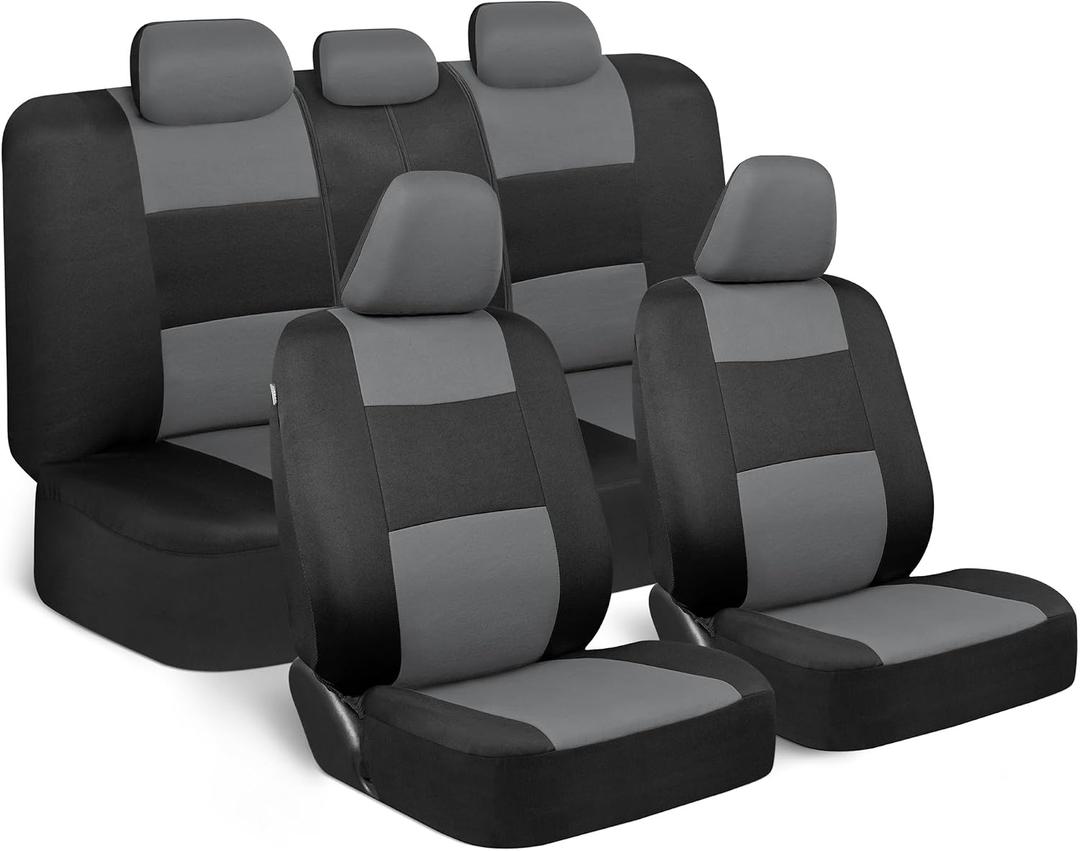 BDK PolyPro Car Seat Covers Full Set in Gray on Black, Front and Rear Split Bench Seat Covers for Cars, Easy to Install Car Seats Cover Set and Accessories for Auto Trucks Van SUV - Gray