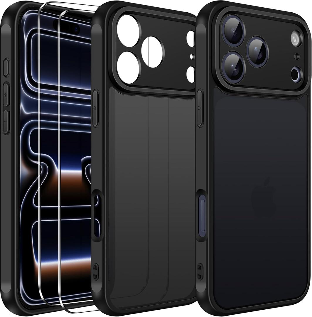 ivoler 3-in-1 Case for iPhone 17 Pro 6.3" 2025 with 2 Pack Tempered Glass Screen Protector [Military Grade Protection], Frosted Translucent Back for iPhone 17 Pro Cover- Black