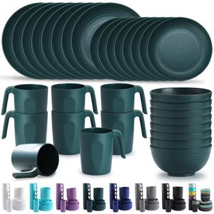 Kyraton Plastic Dinnerware Sets of 32 Pieces, Unbreakable And Reusable Light Weight Plates Mugs Bowls Dishes Easy to Carry And Clean Microwave Safe BPA Free Dishwasher Safe Service For 8