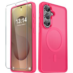 YENAPOON for Samsung Galaxy S26 Case, Matte Magnetic Phone Cover [with 1 Screen Protector] [Support for MagSafe] [Shockproof Military Grade Protection] Translucent Frosted Back, Hot Pink