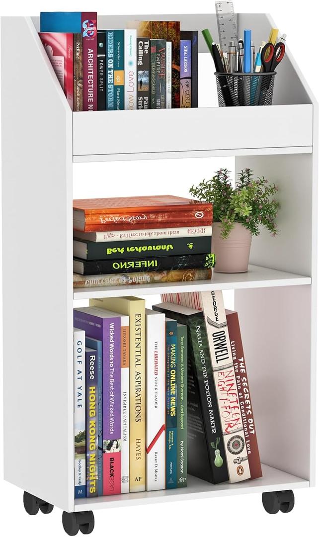 3-Tier Mobile Bookshelf, White Bookcase with Wheels, Rolling File Holder Desk File Book Organizer for Home Office Living Room School