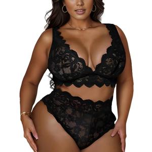 JuicyRose Women Plus Size 2 Piece Lingerie Sexy Floral Lace Scallop Trim Bralette and High Waist Panty Set (3X-Large, Black)