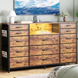 HCHQHS Dresser for Bedroom with 13 Drawers, 47 Inch Fabric Dresser with Remote Control Lights, Side Pockets & Hooks for Closet or Large TV Stand (Rural Brown), 47"D x 11.8"W x 35.4"H