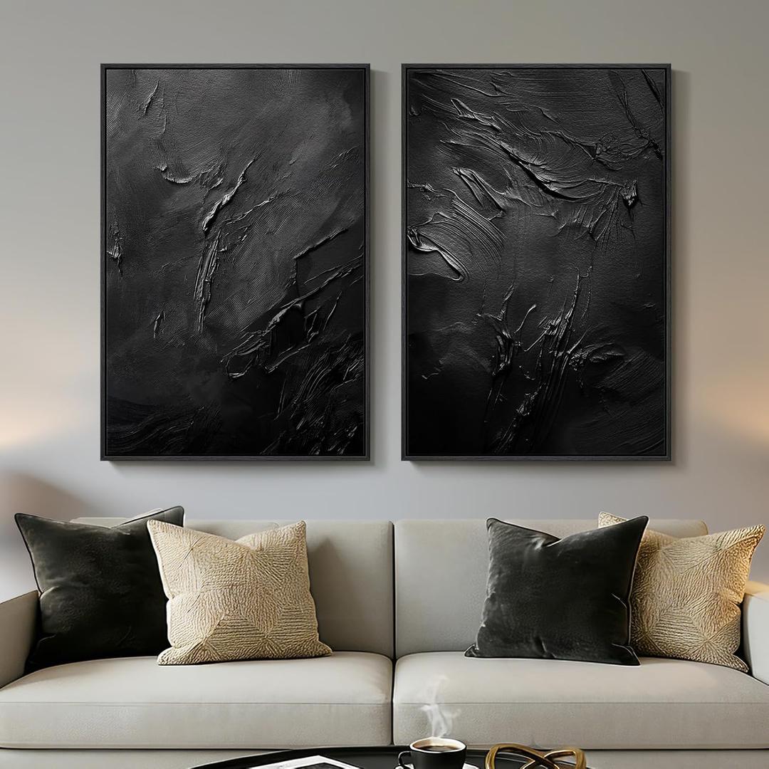 Large Framed Black Abstract Wall Art Set of 2 for Living Room, Modern Minimalist Painting Print Canvas Artwork for Walls, Contemporary Luxury Trendy Wall Decor for Bedroom Office Hallway, 24x36 Inch, 24" W x 36" H x 2Pcs