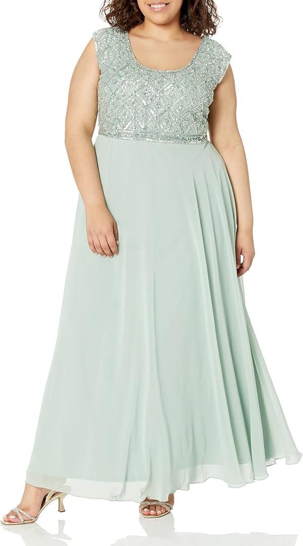 J Kara Women's Scoop Neck Cap Sleeve Beaded Bodice Popover Flare Dress (6, Celadon/Multi)