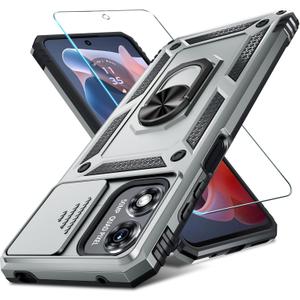 2 x Janmitta Compatible with Moto G Play 2024 Case Built in Slide Camera Lens Cover+Screen Protector+Ring Holder,Heavy Duty Shockproof Full Body Protective Phone Cover,Silver