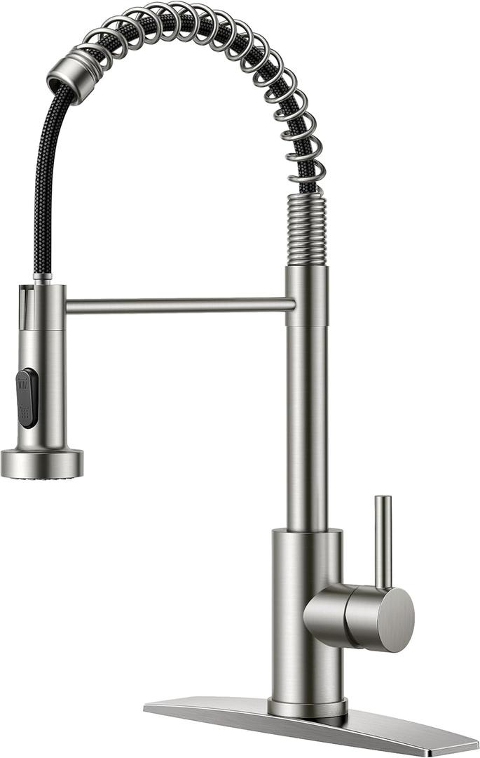 FORIOUS Kitchen Faucets, Brushed Nickel Kitchen Sink Faucet with Pull Down Sprayer, Commercial Kitchen Faucet Stainless Steel, Classic Single Handle Pull Out Sink Faucets for RV Laundry Utility Room