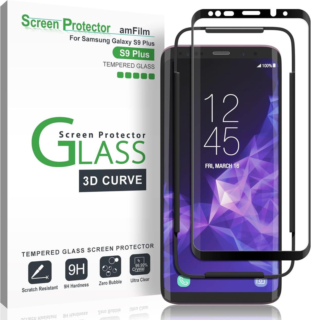 amFilm Glass Screen Protector for Samsung Galaxy S9 Plus, 3D Curved Tempered Glass, Dot Matrix with Easy Installation Tray, Case Friendly (Black)