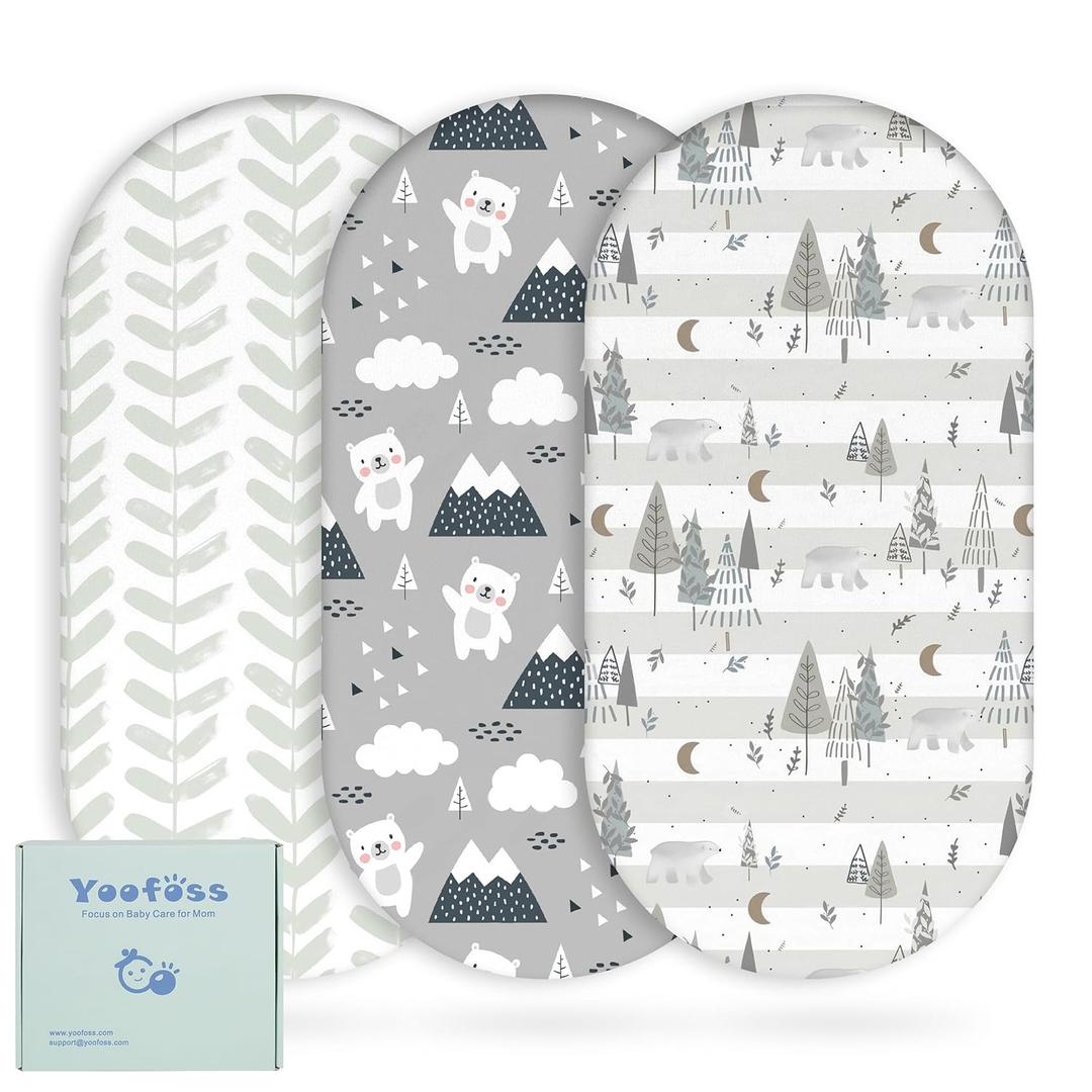 Yoofoss Bassinet Sheets for Baby,3-Pack Fitted Bassinet Sheets Set Compatible with Halo Bassinest Swivel Sleeper,Baby Delight,Angelbliss,Soft Breathable Bassinet Mattress Sheets(Grey+Bear)