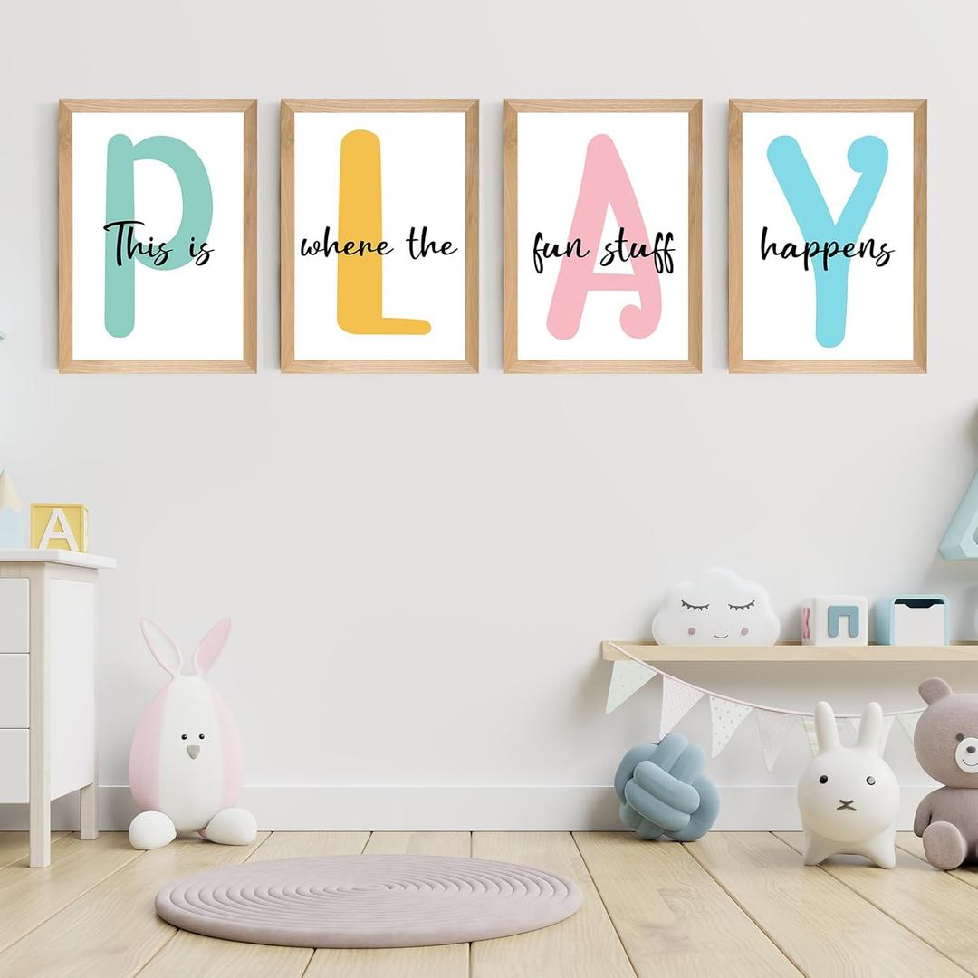 HSDSH Set of 4 Framed Kids Playroom Wall Art Prints Decor for Children Playroom,12x16Toddler Kids Playroom Canvas Wall Art Prints Framed Nursery Children Artwork for Kids Bedroom Decoration