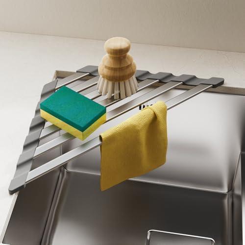 COOL-ANGLE Triangular Dish Drying Rack, Sponge Holder for Kitchen Sink Multipurpose Over The Sink Aluminum Draining Rack Non-Slip, Easy to Clean and Space Saving, Triangular 16 x 9.5inch Matte Grey