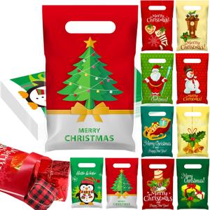 Fulmoon 100 Pcs Plastic Gift Bags Bulk Merchandise Bags with Handles Xmas Party Favor for Christmas New Year Party Decoration