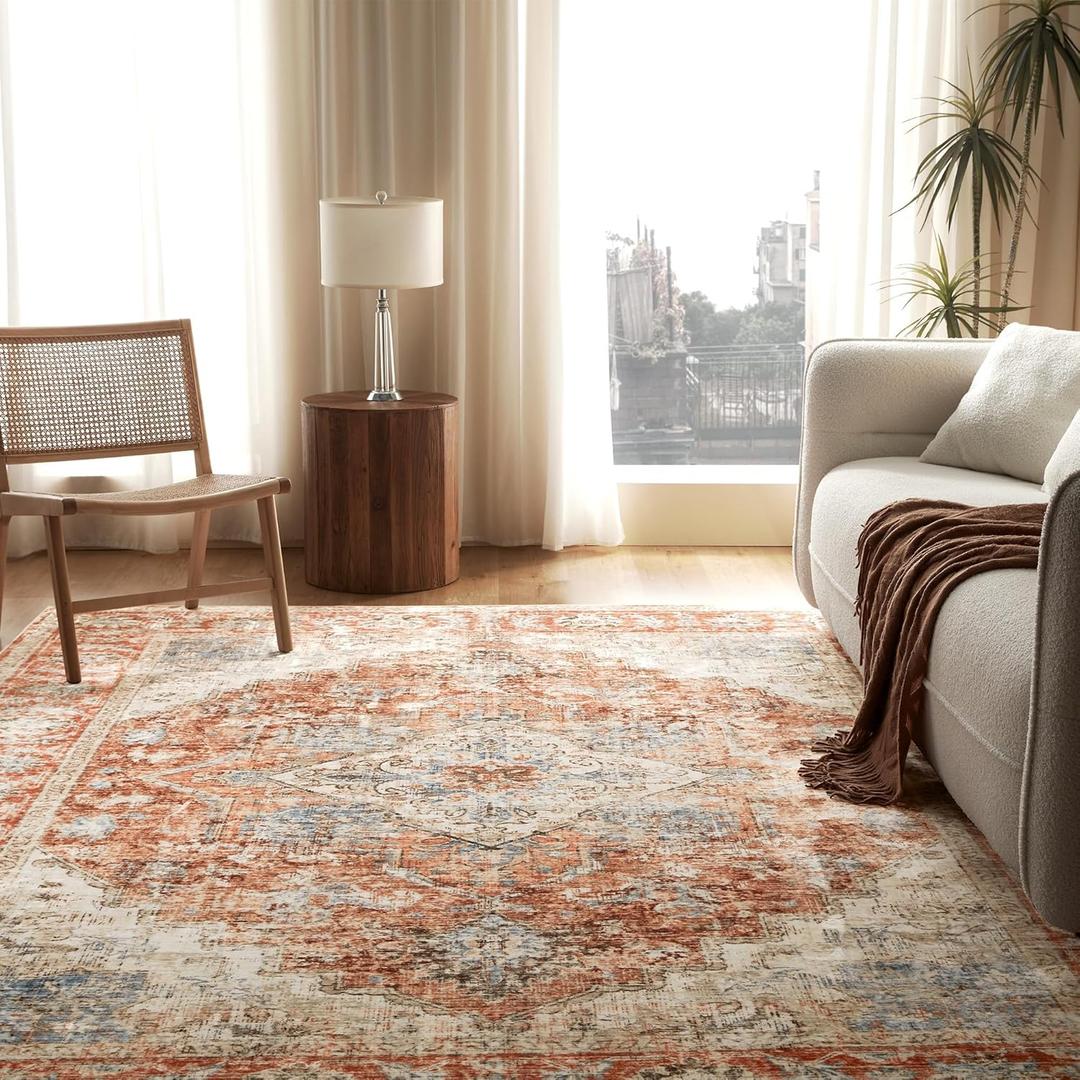 SLEEP ZONE 3x5 Area Rug for Bedroom, Machine Washable Area Rugs for Living Room, Low Pile Lightweight Non Slip Carpet, Vintage Rug for Dining Room, Home Office, Brick