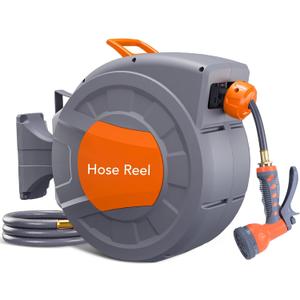 GAOMON Retractable Garden Hose Reel - 1/2 in x 72 ft, Wall Mounted, 9-Function Sprayer, Any Length Lock, 180° Swivel, Automatic Slow Rewind