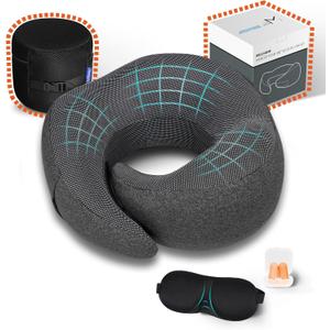 New Packaging Updated Travel Pillow for Airplane with 100% Memory Foam, 360 Adjustable Full Surrounding Flying Neck Pillows, Travel Pillow Set with 3D Eye Masks, Earplugs (Black)