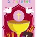 First Communion Banner Kit DIY Holy Door Hanging Decor with 2 Sheets of Diamond Stickers for Boys and Girls Decoration Set, 12 x 20 Inch (Holy Grail Pink Style)