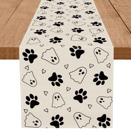 QIONG MENG Halloween Table Runner Ghost Dog Paw Burlap Table Decoration Holiday Home Party Kitchen Dining Table Supplies 13x90 Inch