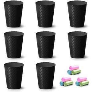 Bathroom Trash Can, 8 Pack 1.8 Gallons Small Trash Can with Trash Bags, Bathroom Garbage Can, Plastic Trash Bin, Round Waste Basket for Living Room, Bedroom, Office, Kitchen, Compact Space (Black)