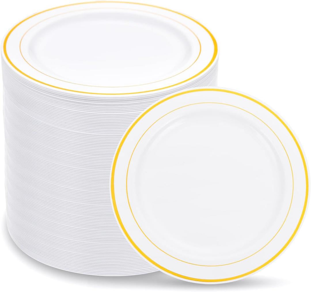 WELLIFE 144Pcs Gold Dessert Plates, 7.5 Inch Plastic Appetizer Plates, White Plates with Gold Rim Heavy Duty Plastic Party Plates, White and Gold Plastic Plates for Party and Wedding