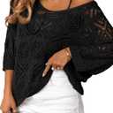 Sidefeel Womens Spring Tops 2025 Summer Crochet Hollow Out Crew Neck Knit T-Shirts 3/4 Sleeve Off Shoulder Pullover Sweaters Beach Cover Ups Black Small (Black, S)