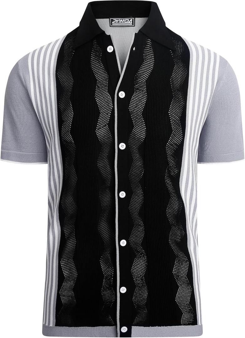 Mens Knit Striped Button Down Shirt Vintage Casual Short Sleeve Old Money Fashion Breathable Top (XL)