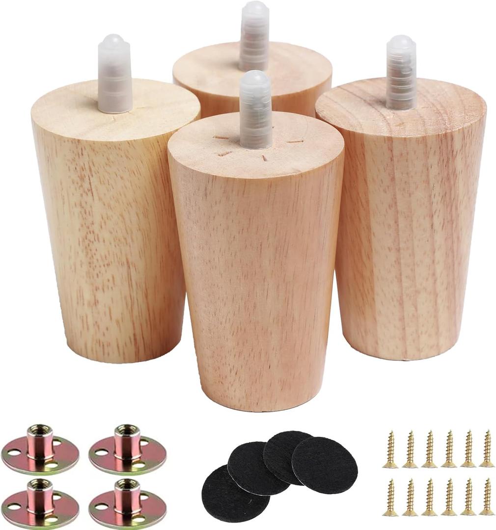 4" Round Solid Wood Furniture Leg Set of 4 Mid-Century Modern Sofa Couch Bed Coffee Chair Desk Straight Feet Legs with Pre-Drilled 5/16M8 Inch Bolt& Screws& Rubber Pads