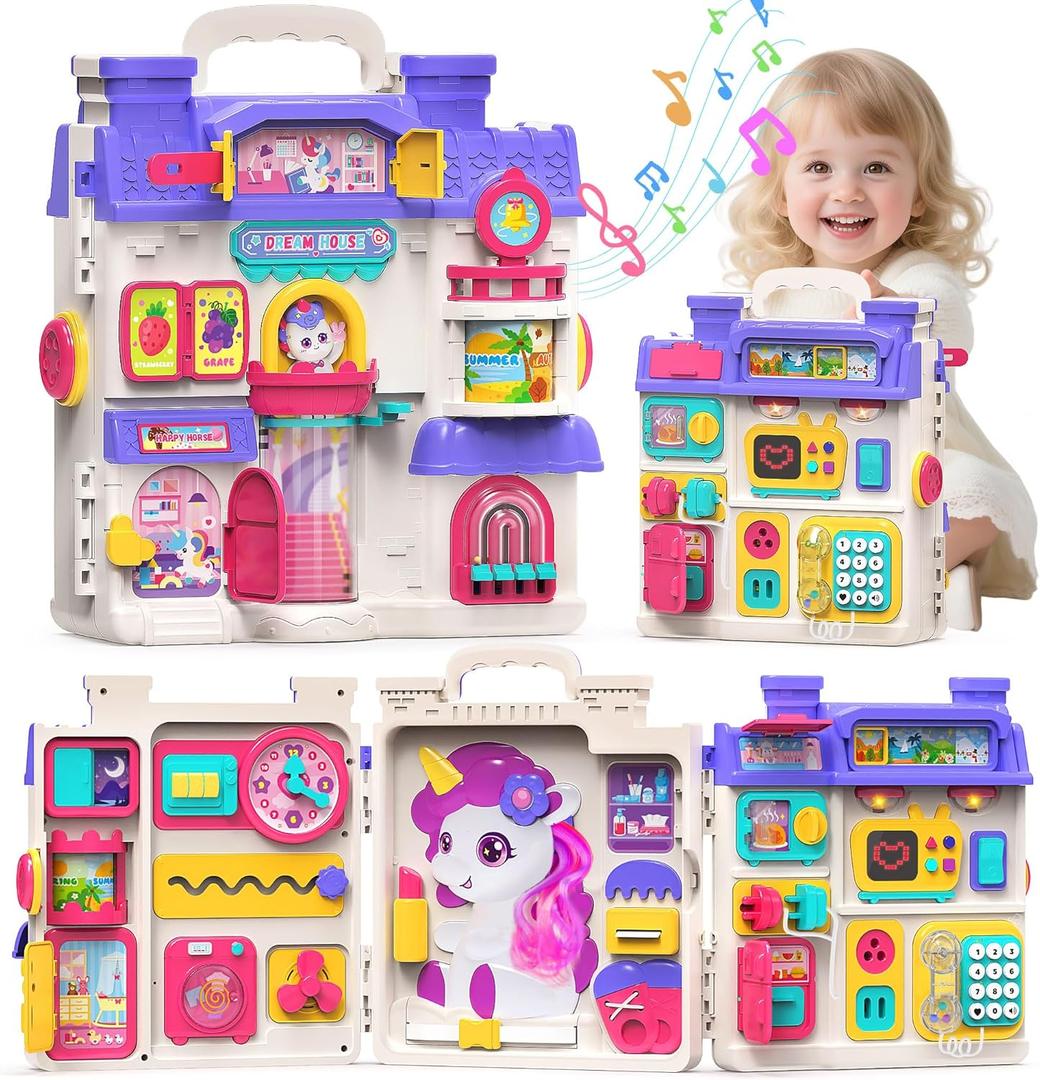 Nicella Busy Board for 1 Year Old Girl Gifts, Montessori Toys for 1 2 Year Old - 56+ Activities Bilingual Music Learning Sensory Toys for Toddlers 1-3 - Birthday Gift for 1+ Year Old Girl Boy