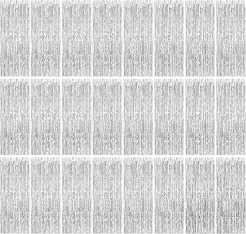 24 Pack Silver Metallic Foil Fringe Curtains, 3.2ft x 8.2ft Foil Fringe Curtain Backdrop Foil Streamers Party Supplies Tinsel Curtain Backdrop for Parties/Birthday/Halloween/Photo Booth