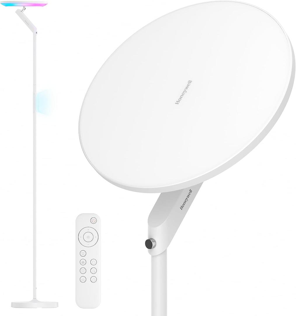 Honeywell 3000LM LED Floor Lamp, Torchiere Floor Lamps with Remote Control, F2 Sunturalux 40W Eye-Caring Reading Light, 2700-5000K 6 RGB Modes RGB Standing Lamp for Bedroom Living Room Office White