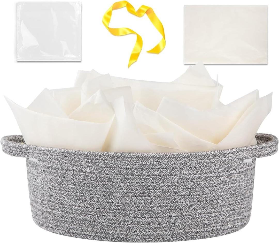 OIAHOMY Gift Basket with Handle, Small Woven Basket with Gift Bag, Ribbon and Wrap Tissue Paper, Nursery Bins Empty to Fill with Small Items, Baby, Pet Toy Organizer - Grey (12"x 8"x 5")