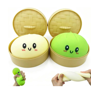 2Pack Dumpling Squishies Toy with Steamer,Colorful Slow Rising Stress Ball,Stretchy Fidget Sensory Toy for Anxiety Relief,Perfect Easter Basket Stuffers for Kids and Adults(White+Green)