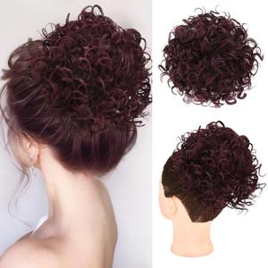 HOOJIH Curly Hair Bun, Messy Bun Hair Piece Elastic Drawstring Messy Bun Large Full Hair Bun Extension Hairpiece Short Synthetic Ponytail Extension for Women Dark Auburn Red with Black Mixed