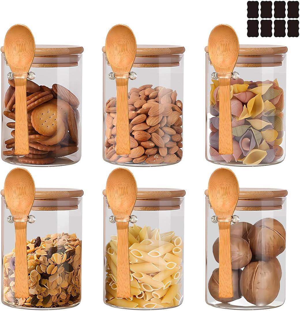 Glass Jar with Bamboo Lids,Overnight Oats Containers with Lids,Glass Food Storage Jars Containers,Kitchen Canisters for Candy,Cookie,Coffee,Sugar,Tea,Nuts,18.5oz/540ML(6PCS)