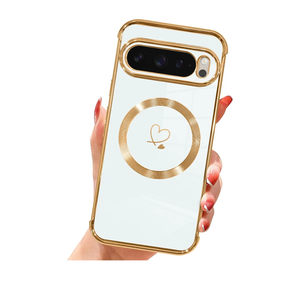 AIGOMARA Magnetic Case for Google Pixel 9 Pro XL [Wireless Charging Compatible] Heart Design Soft TPU Electroplated Phone Cover Anti-Scratch Shockproof Case for Women - White