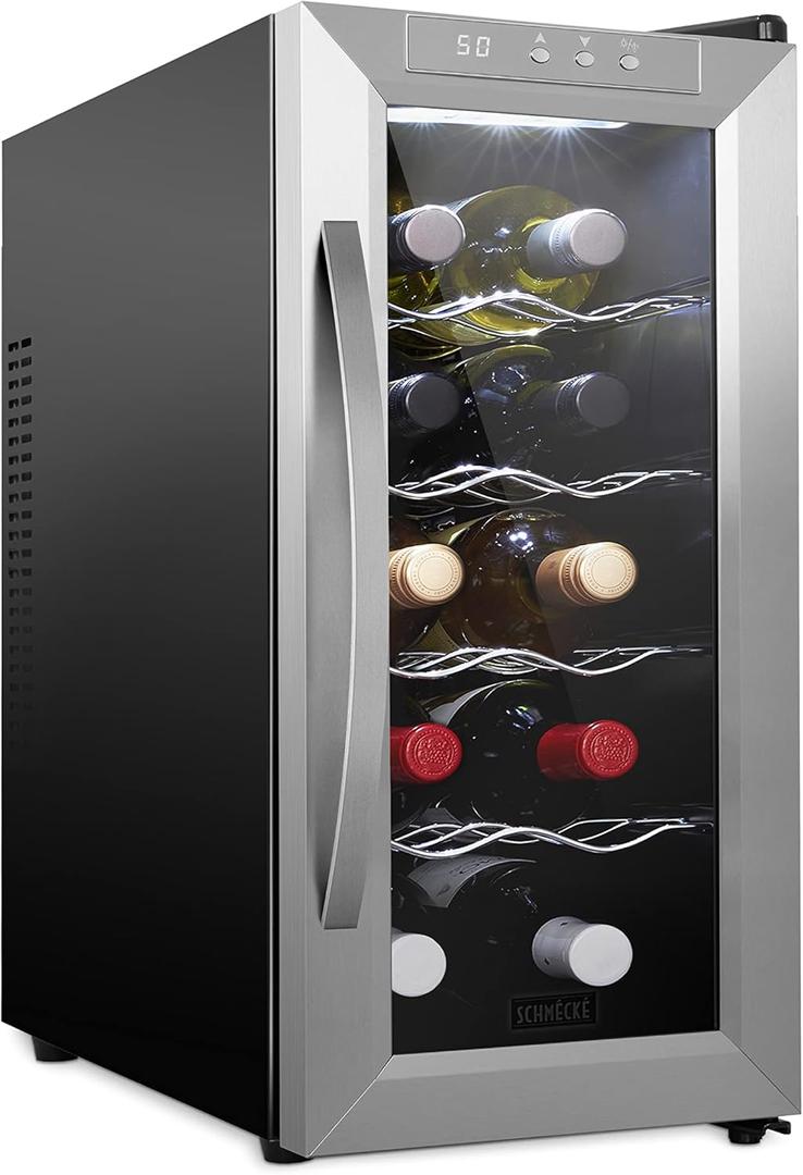 Schmck 10 Bottle Thermoelectric Wine Cooler/Chiller - Stainless Steel - Counter Top Red & White Wine Cellar w/Digital Temperature, Freestanding Refrigerator Smoked Glass Door Quiet Operation Fridge