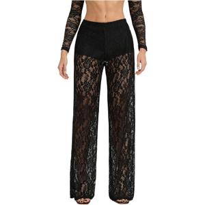 GORGLITTER Women's Lace Pants Sheer Mesh Wide Leg Pants See Through High Waist Going Out Grunge Trousers Black Medium