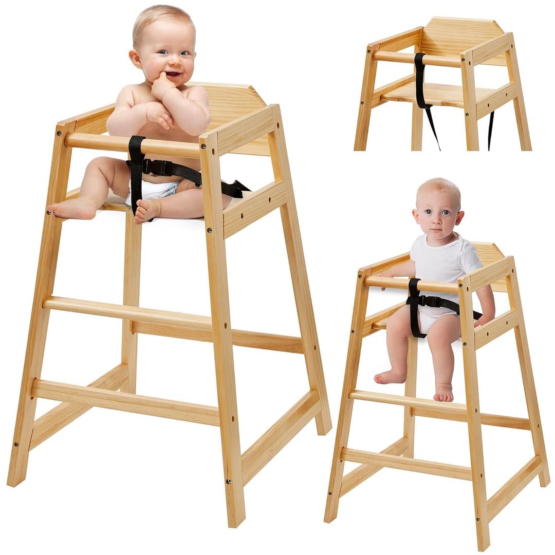 2 Pack Wooden High Chairs for Babies and Toddlers, Restaurant-Style Stackable High Chair with Commercial Grade Solid Wood for Dining Table & Kitchen, Easy to Clean Baby Booster Seat -Natural