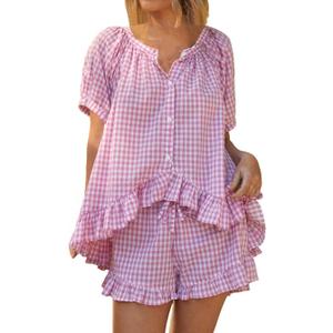 Womens 2 Piece Ruffle Pajama Set Gingham Pjs Short Sleeve Babydoll Shirt and Shorts Plaid Summer Outfits (Medium)